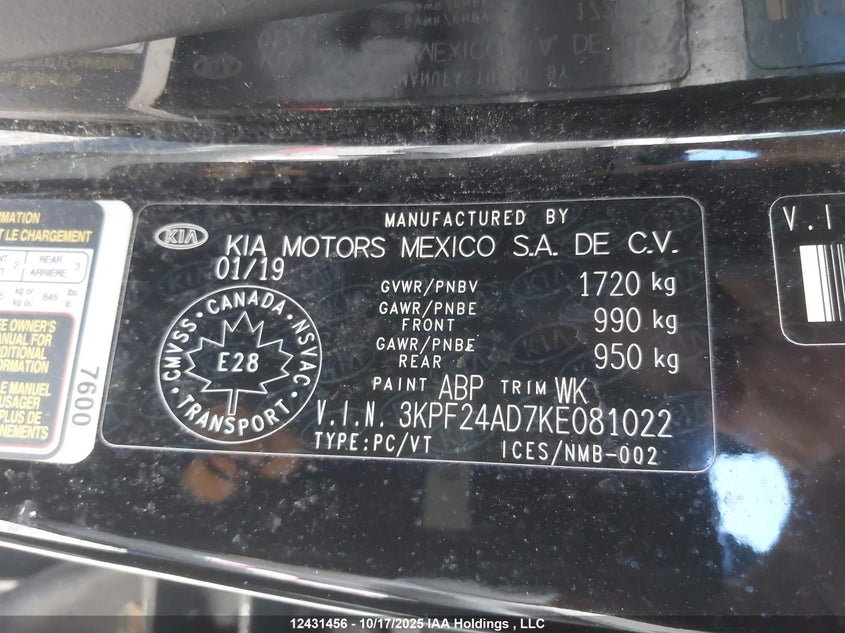 2019 Kia Forte Fe/Lx/Lxs VIN: 3KPF24AD7KE081022 Lot: 12431456