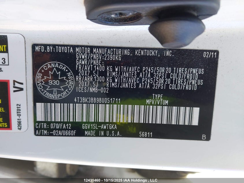 2011 Toyota Venza VIN: 4T3BK3BB9BU051711 Lot: 12431460