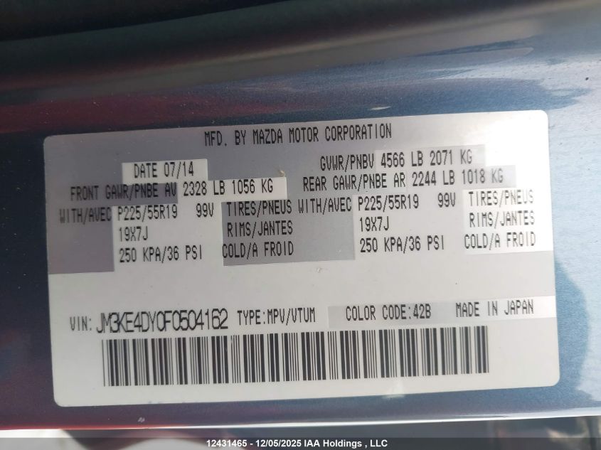 2015 Mazda Cx-5 VIN: JM3KE4DY0F0504162 Lot: 12431465