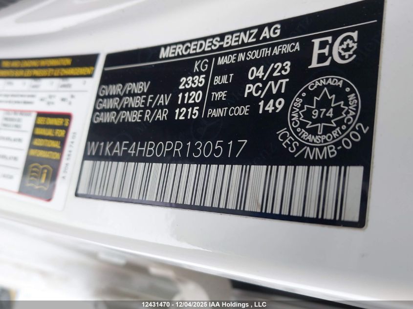 2023 Mercedes-Benz C 300 4Matic VIN: W1KAF4HB0PR130517 Lot: 12431470