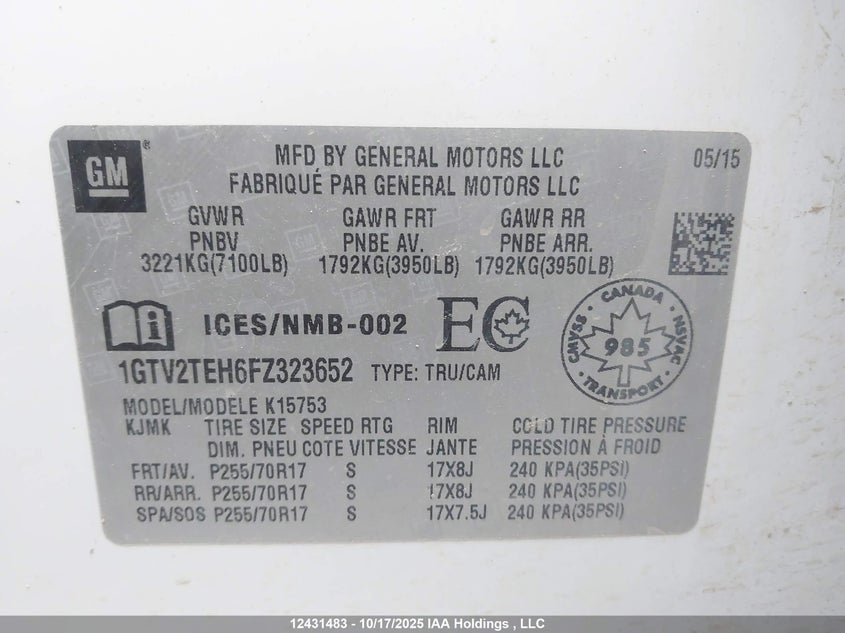 1GTV2TEH6FZ323652 2015 GMC SIERRA photo no. 9