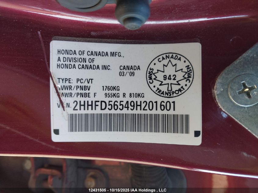 2009 Acura Csx VIN: 2HHFD56549H201601 Lot: 12431505