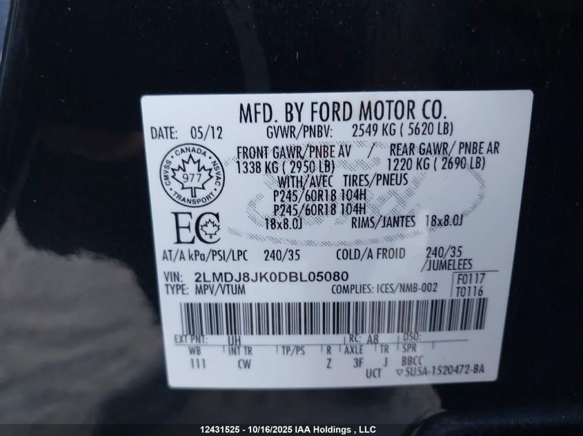 2013 Lincoln Mkx VIN: 2LMDJ8JK0DBL05080 Lot: 12431525