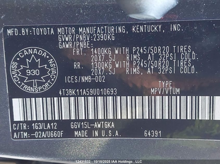 2009 Toyota Venza VIN: 4T3BK11A59U010693 Lot: 12431532