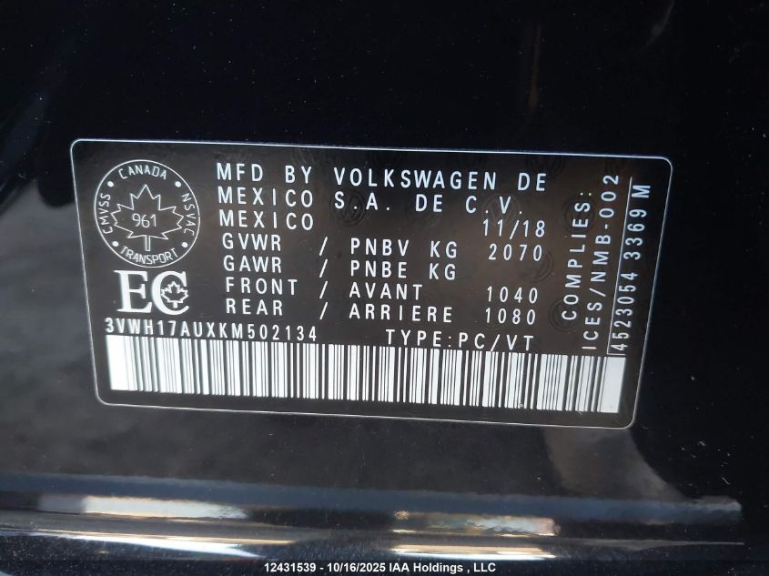 2019 Volkswagen Golf Alltrack 1.8 Tsi Execline/1.8 Tsi Highline VIN: 3VWH17AUXKM502134 Lot: 12431539