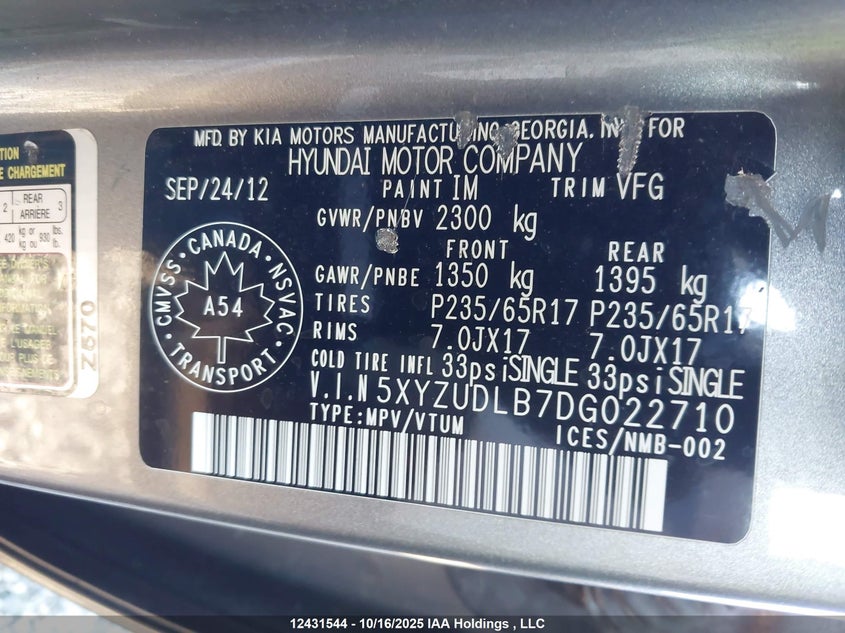 5XYZUDLB7DG022710 2013 HYUNDAI SANTA FE photo no. 9