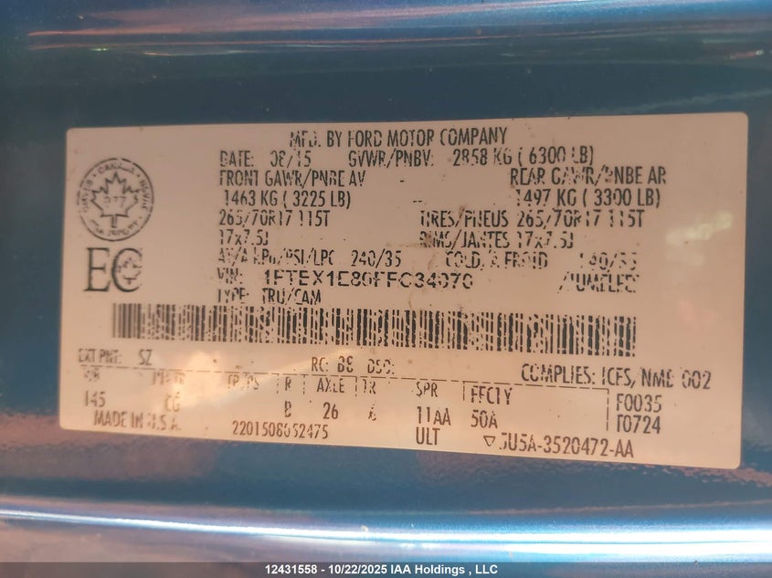 2015 Ford F-150 VIN: 1FTEX1E80FFC34070 Lot: 12431558