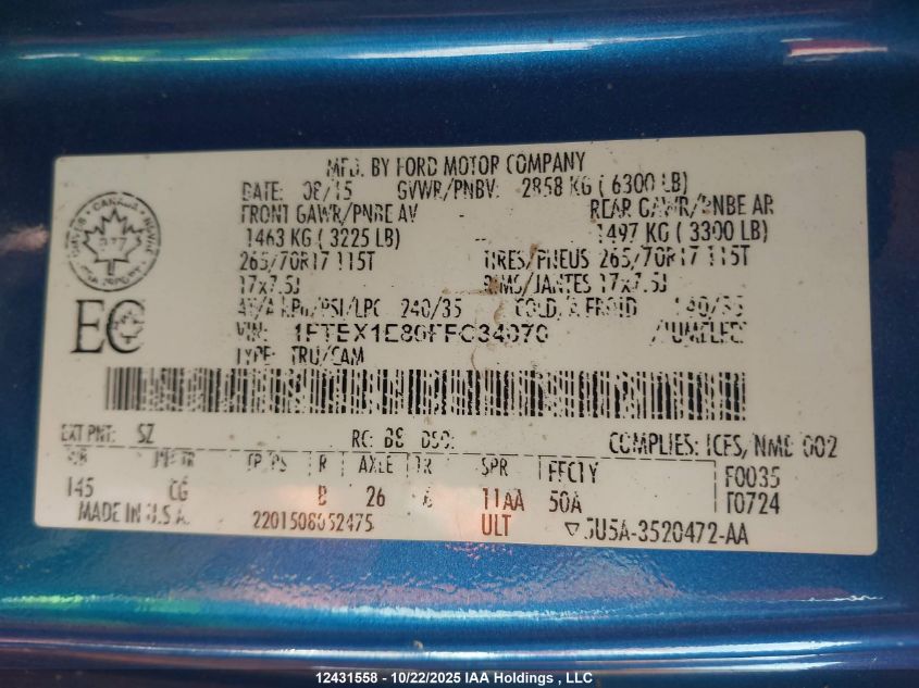 2015 Ford F-150 VIN: 1FTEX1E80FFC34070 Lot: 12431558