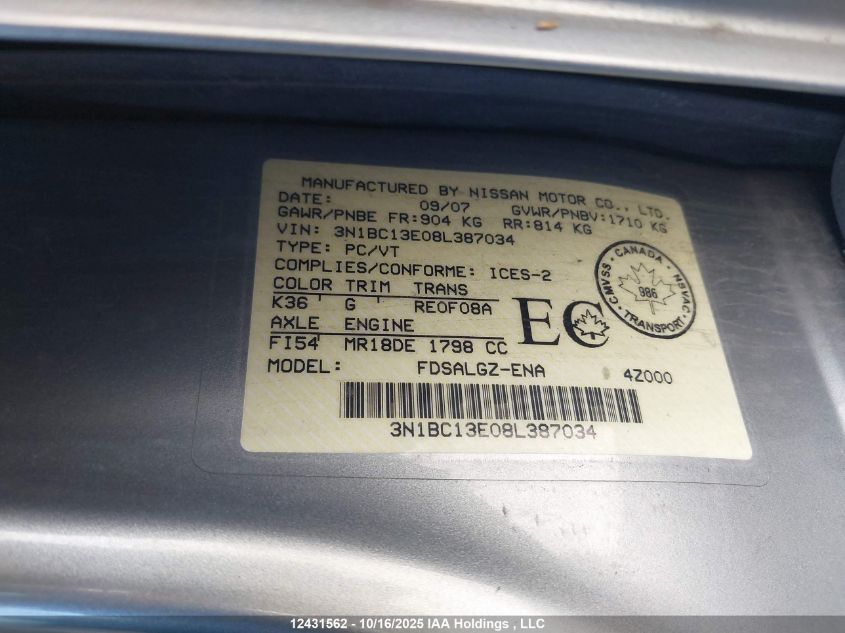 2008 Nissan Versa VIN: 3N1BC13E08L387034 Lot: 12431562