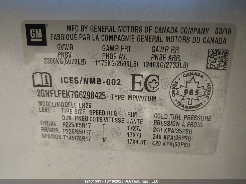 2016 Chevrolet Equinox Lt VIN: 2GNFLFEK7G6298425 Lot: 12431591