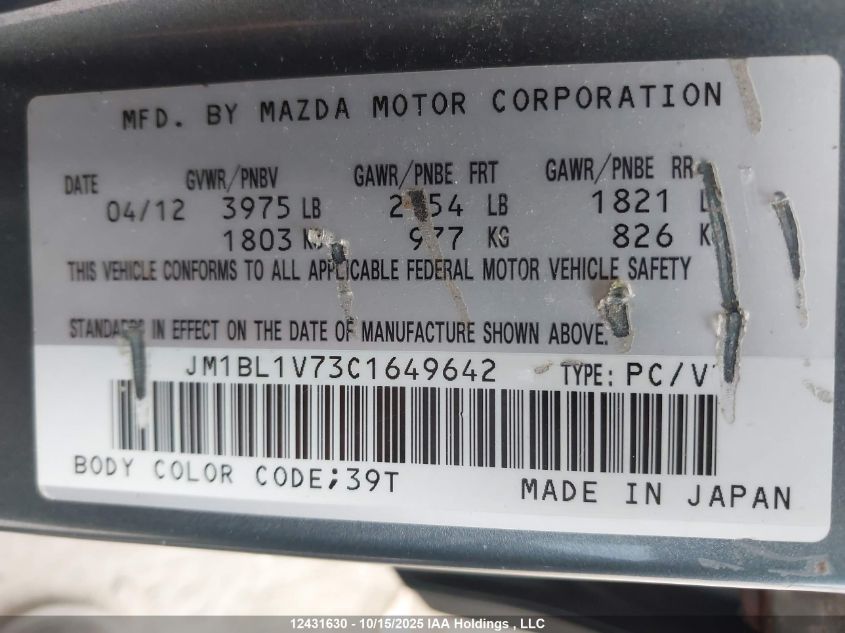 2012 Mazda 3 I VIN: JM1BL1V73C1649642 Lot: 12431630