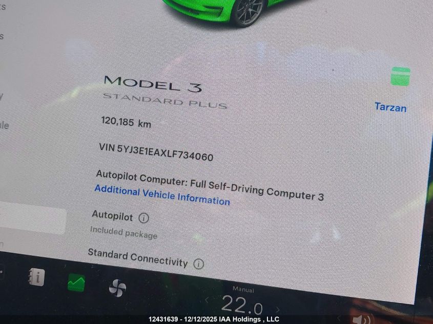 2020 Tesla Model 3 Standard Range Plus VIN: 5YJ3E1EAXLF734060 Lot: 12431639