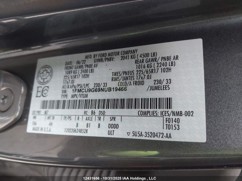 2022 Ford Escape Se VIN: 1FMCU9G69NUB19466 Lot: 12431656