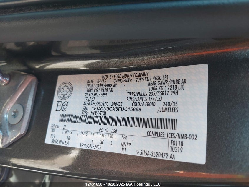 1FMCU0GX8FUC15868 2015 FORD ESCAPE photo no. 9