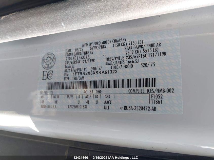 2025 Ford Transit T-250 VIN: 1FTBR2X8XSKA61322 Lot: 12431666