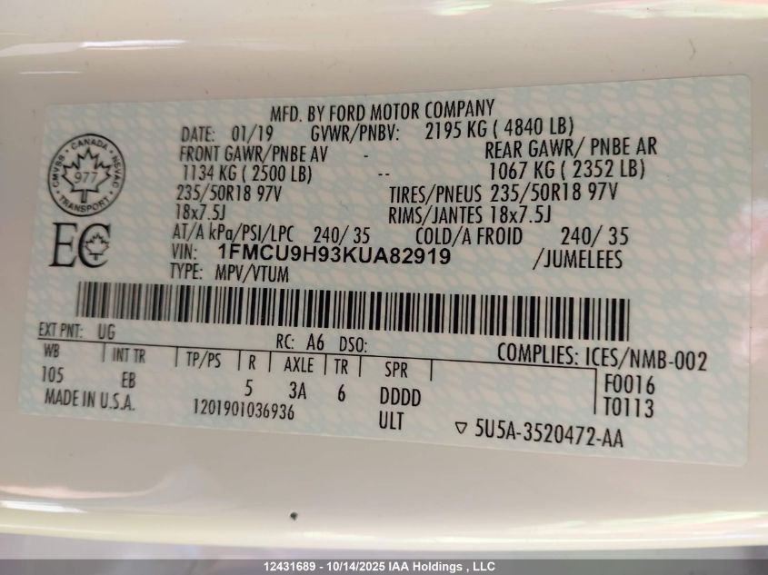 2019 Ford Escape Sel VIN: 1FMCU9H93KUA82919 Lot: 12431689