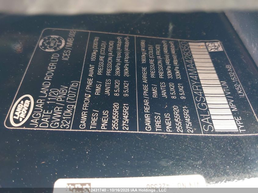 2021 Land Rover Range Rover P400E Hse VIN: SALGS4RY4MA428350 Lot: 12431740