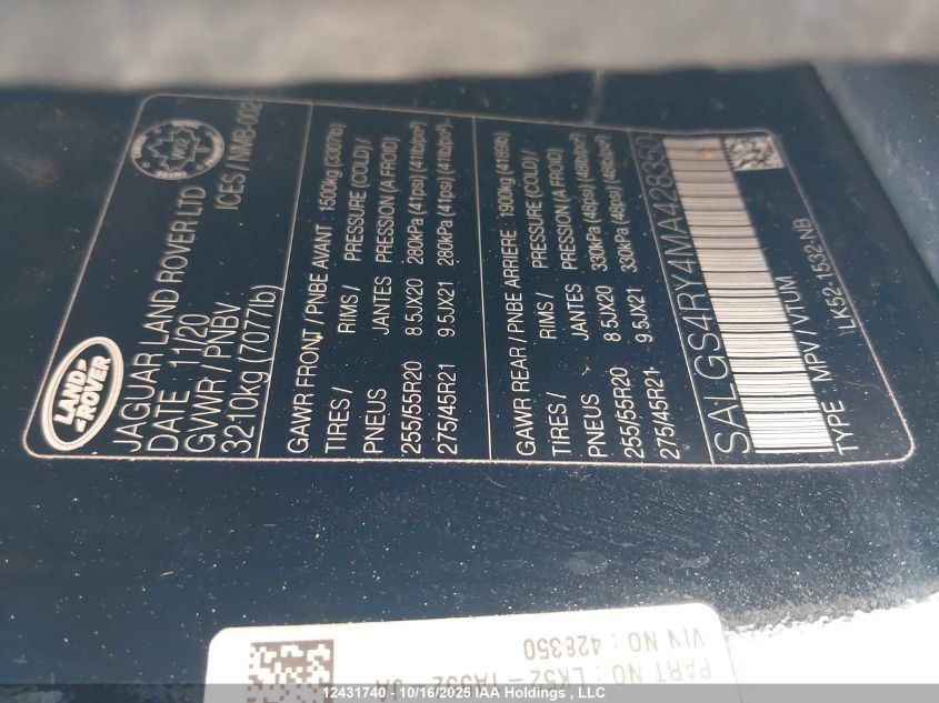 2021 Land Rover Range Rover P400E Hse VIN: SALGS4RY4MA428350 Lot: 12431740