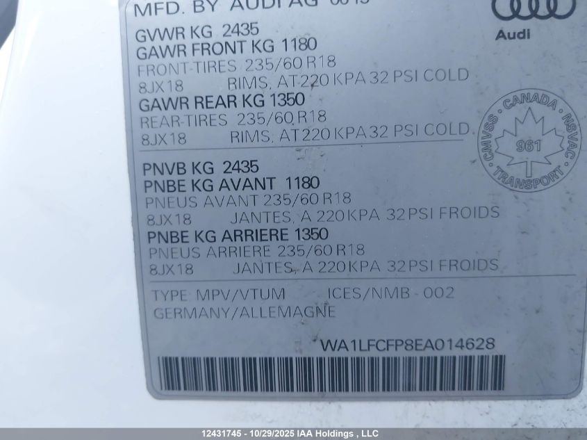 2014 Audi Q5 Premium Plus VIN: WA1LFCFP8EA014628 Lot: 12431745