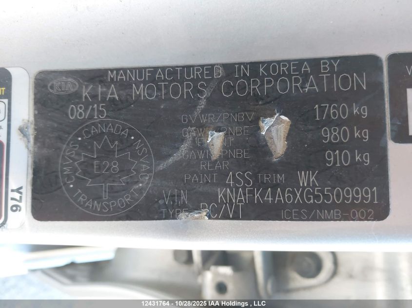 2016 Kia Forte VIN: KNAFK4A6XG5509991 Lot: 12431764