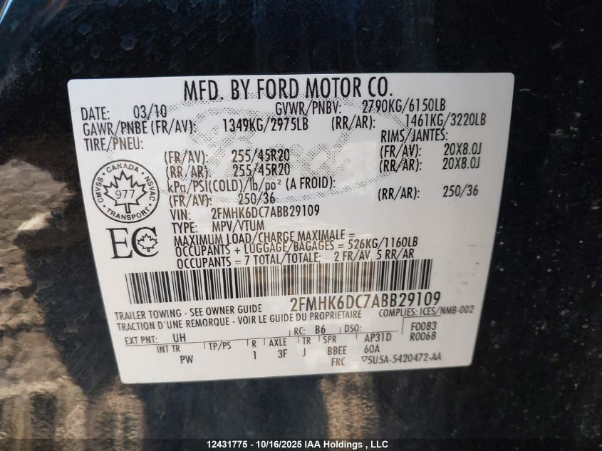 2010 Ford Flex Limited VIN: 2FMHK6DC7ABB29109 Lot: 12431775