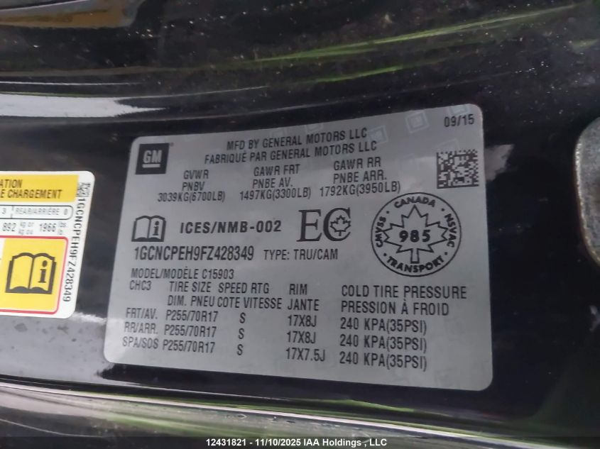 2015 Chevrolet Silverado 1500 Ls/Wt VIN: 1GCNCPEH9FZ428349 Lot: 12431821