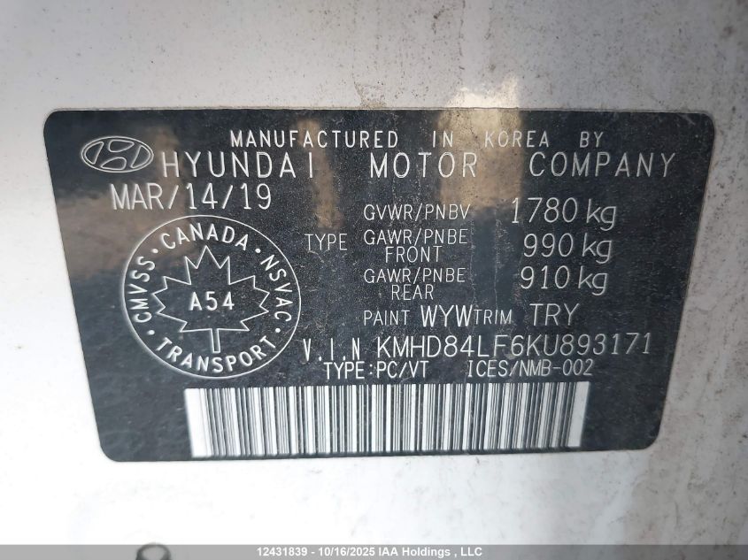 2019 Hyundai Elantra Sel/Value/Limited VIN: KMHD84LF6KU893171 Lot: 12431839