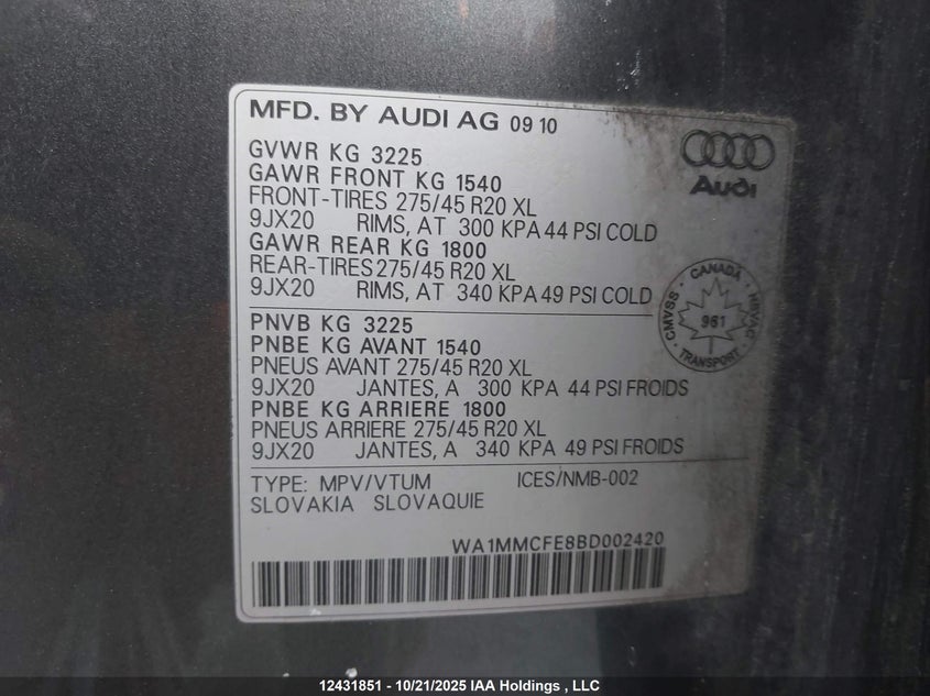 WA1MMCFE8BD002420 2011 AUDI Q7 photo no. 9