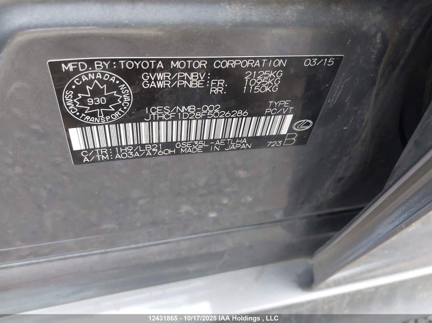 JTHCF1D28F5026286 2015 LEXUS IS photo no. 9