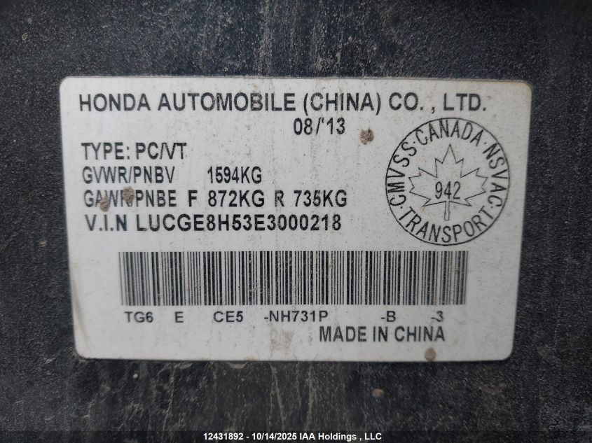 2014 Honda Fit Lx VIN: LUCGE8H53E3000218 Lot: 12431892