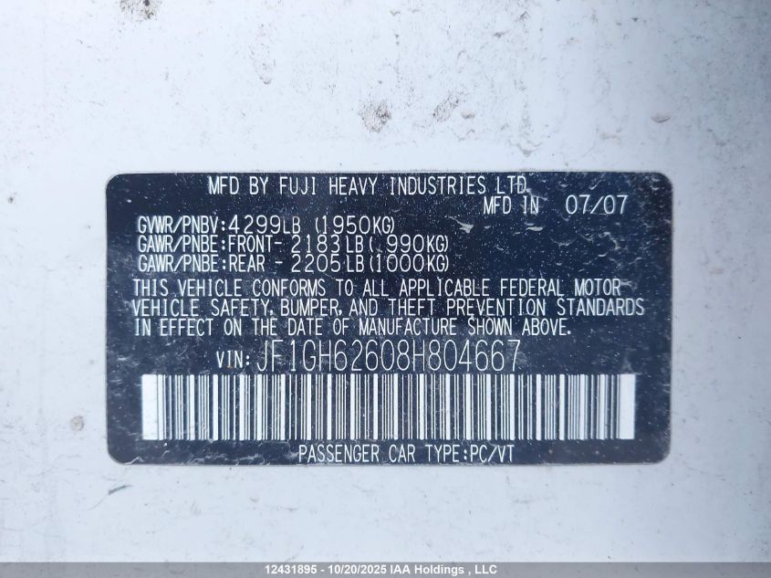 2008 Subaru Impreza 2.5 I Sport Package VIN: JF1GH62608H804667 Lot: 12431895