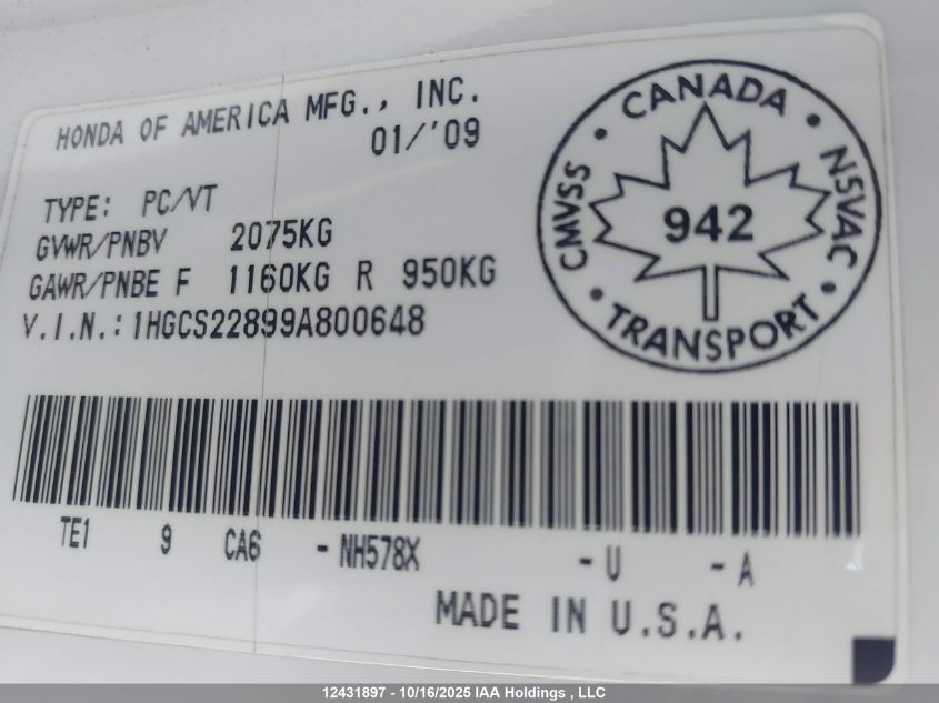 2009 Honda Accord Ex-L V6 VIN: 1HGCS22899A800648 Lot: 12431897