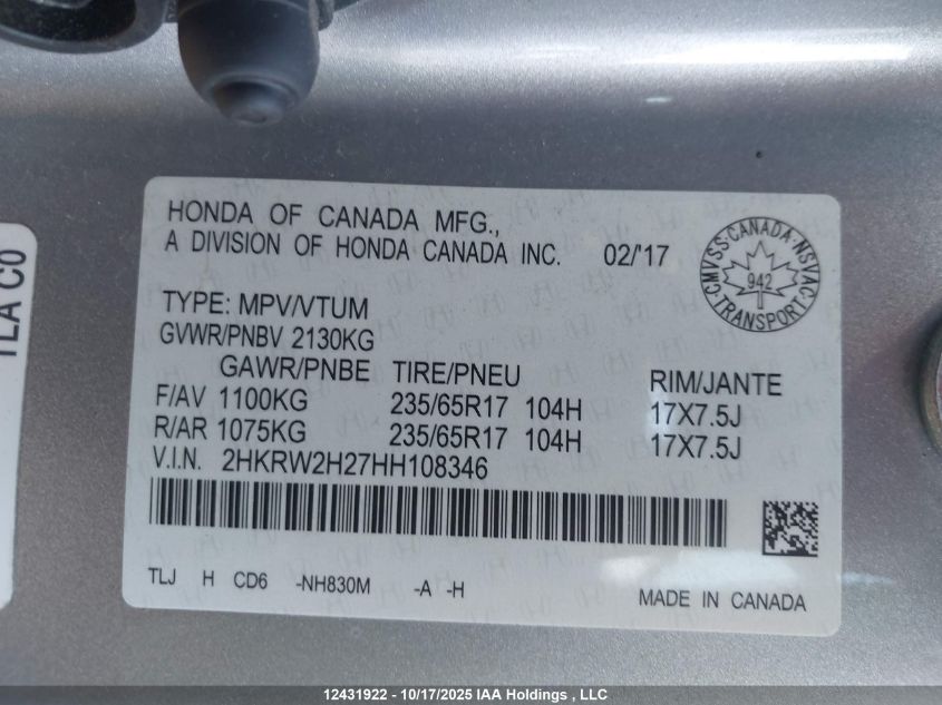 2017 Honda Cr-V Lx VIN: 2HKRW2H27HH108346 Lot: 12431922