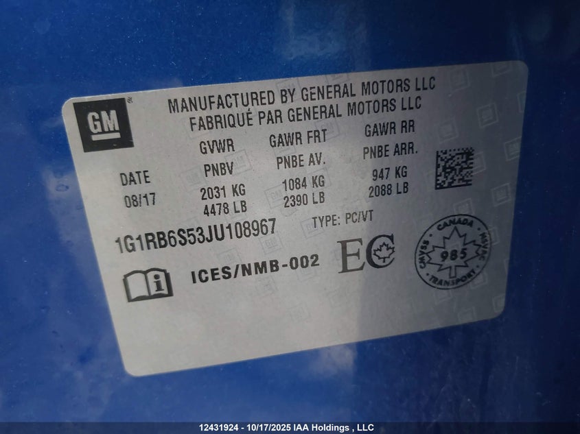 1G1RB6S53JU108967 2018 CHEVROLET VOLT photo no. 9