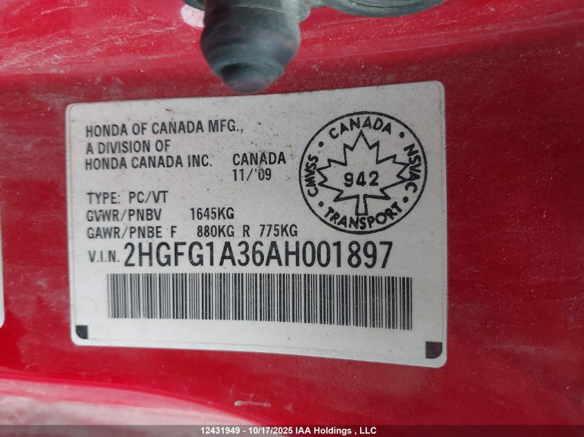 2010 Honda Civic Dx-G VIN: 2HGFG1A36AH001897 Lot: 12431949