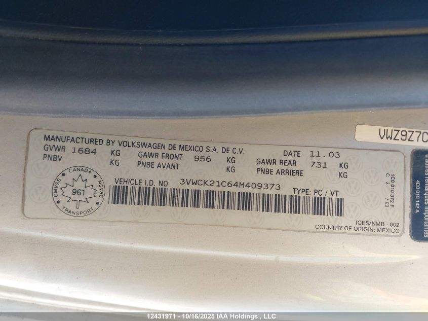 2004 Volkswagen New Beetle Gls VIN: 3VWCK21C64M409373 Lot: 12431971
