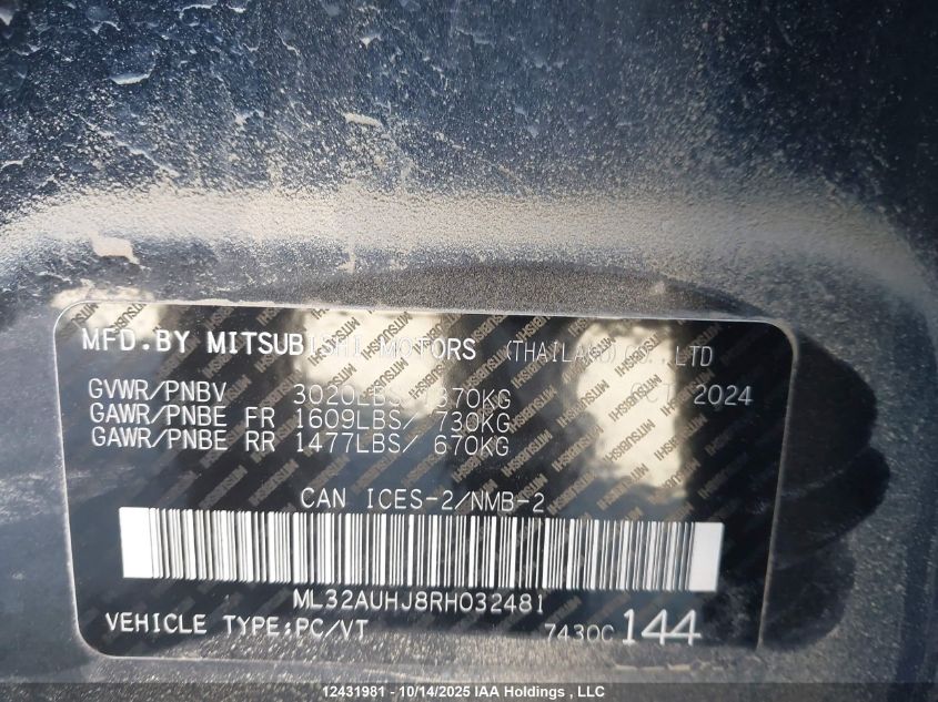 2024 Mitsubishi Mirage Es/Le VIN: ML32AUHJ8RH032481 Lot: 12431981