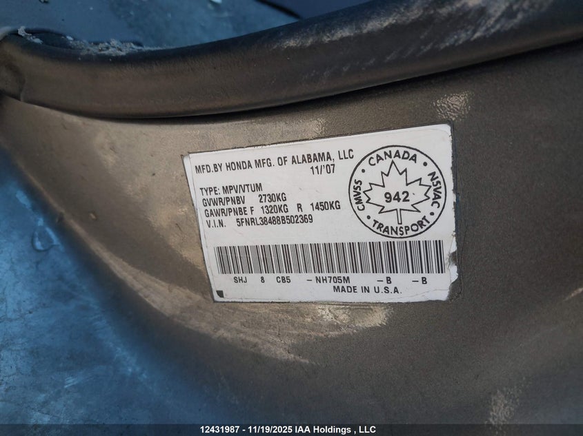 5FNRL38488B502369 2008 HONDA ODYSSEY photo no. 9
