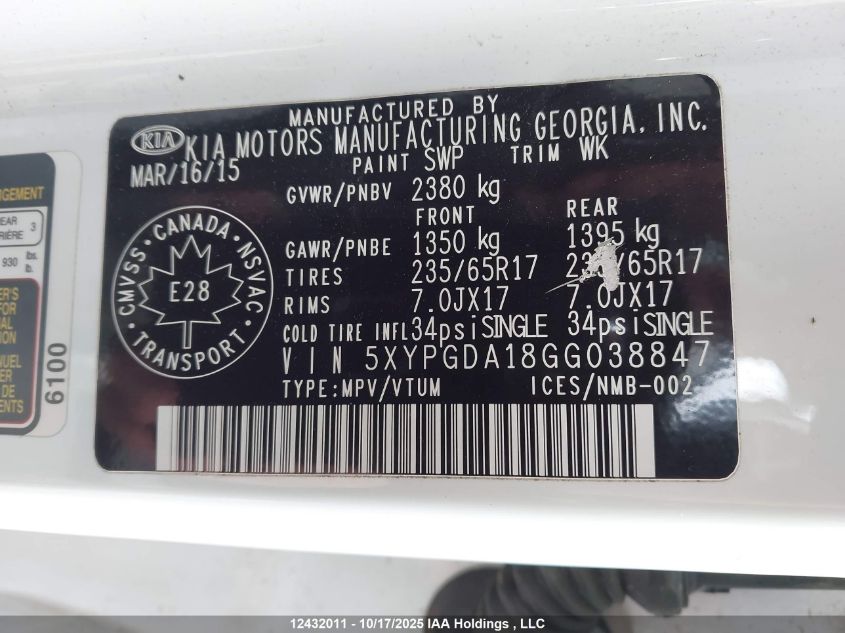 2016 Kia Sorento Lx/L VIN: 5XYPGDA18GG038847 Lot: 12432011