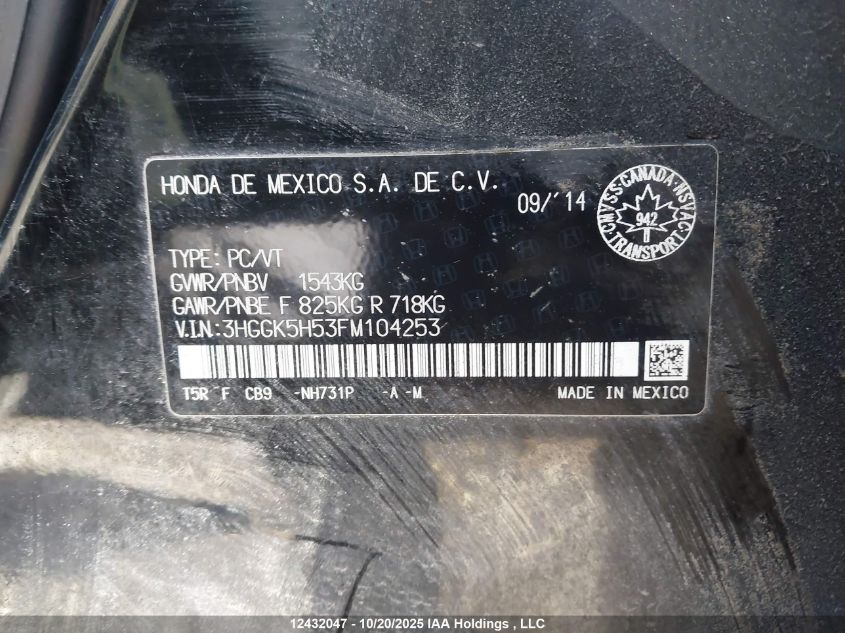 2015 Honda Fit Lx VIN: 3HGGK5H53FM104253 Lot: 12432047