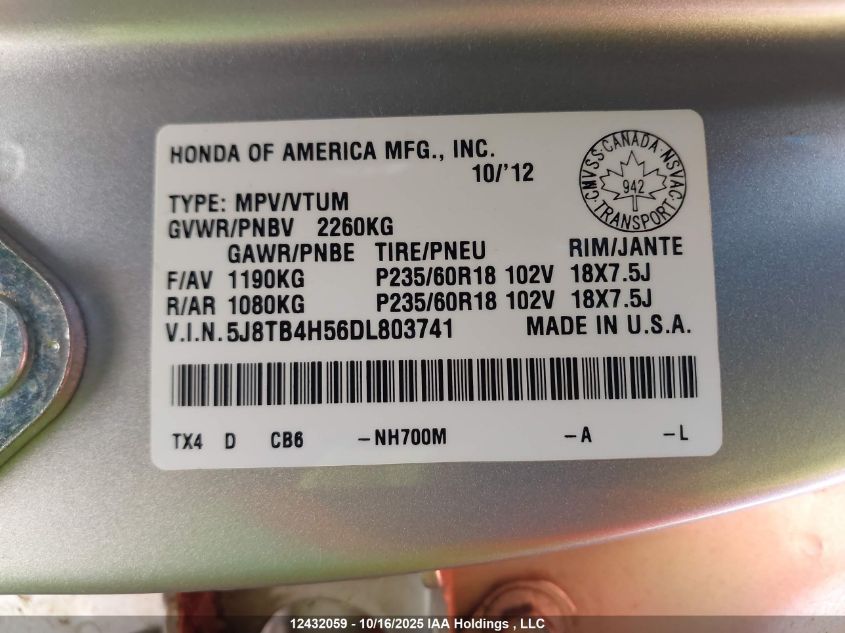 2013 Acura Rdx Technology VIN: 5J8TB4H56DL803741 Lot: 12432059