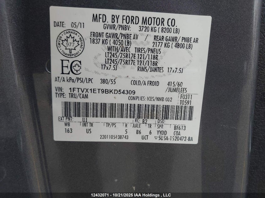 1FTVX1ET9BKD54309 2011 FORD F-150 photo no. 18