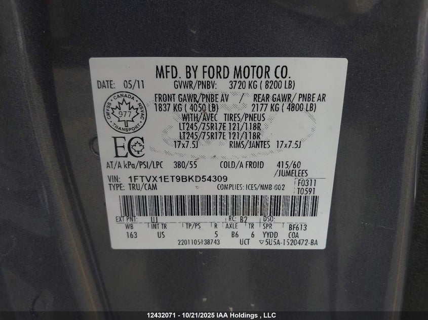 1FTVX1ET9BKD54309 2011 FORD F-150 photo no. 9