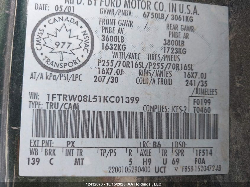 2001 Ford F150 Supercrew VIN: 1FTRW08L51KC01399 Lot: 12432073