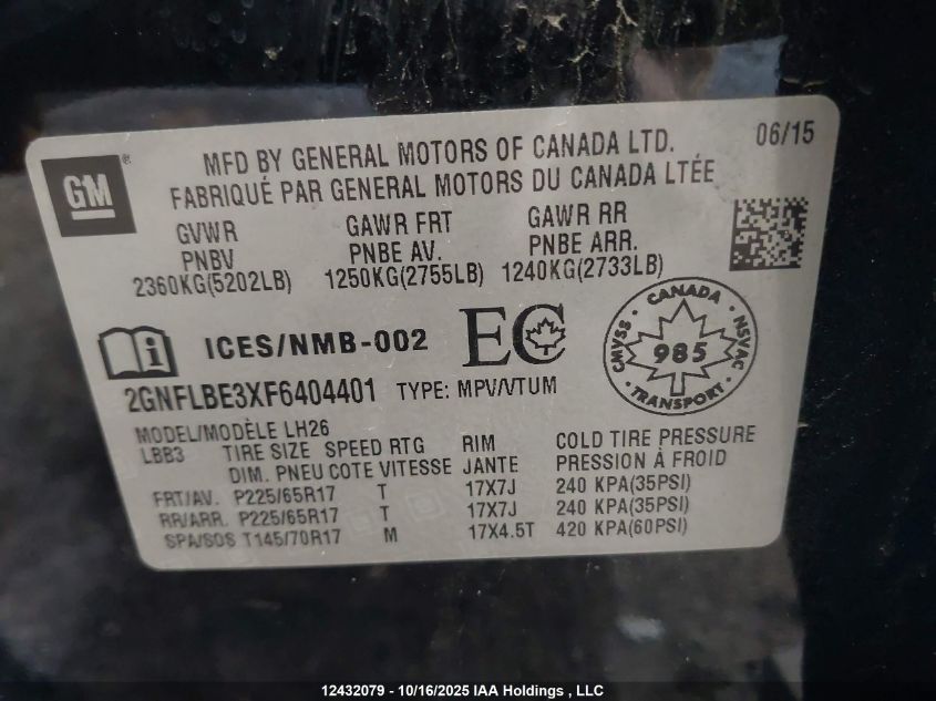 2015 Chevrolet Equinox Lt VIN: 2GNFLBE3XF6404401 Lot: 12432079