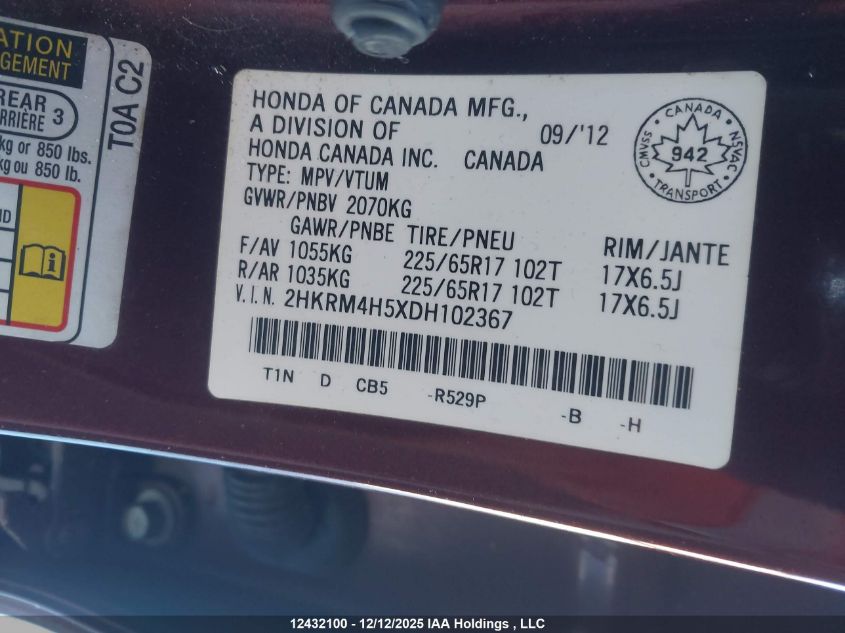 2013 Honda Cr-V VIN: 2HKRM4H5XDH102367 Lot: 12432100