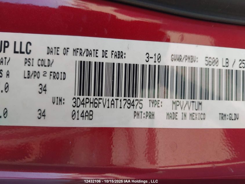 2010 Dodge Journey R/T VIN: 3D4PH6FV1AT179475 Lot: 12432106