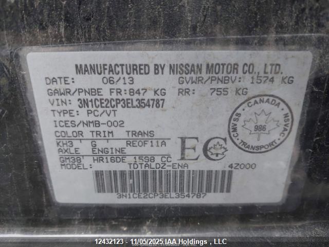 2014 Nissan Versa Note 1.6 S/1.6 Sl/1.6 Sv VIN: 3N1CE2CP3EL354787 Lot: 12432123