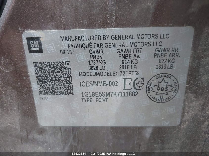 2019 Chevrolet Cruze Lt VIN: 1G1BE5SM7K7111882 Lot: 12432131