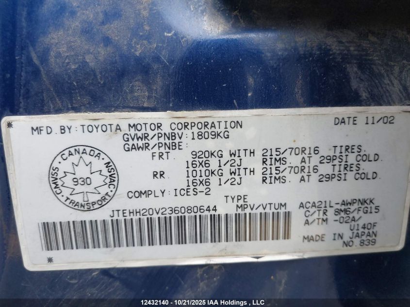 2003 Toyota Rav4 VIN: JTEHH20V236080644 Lot: 12432140